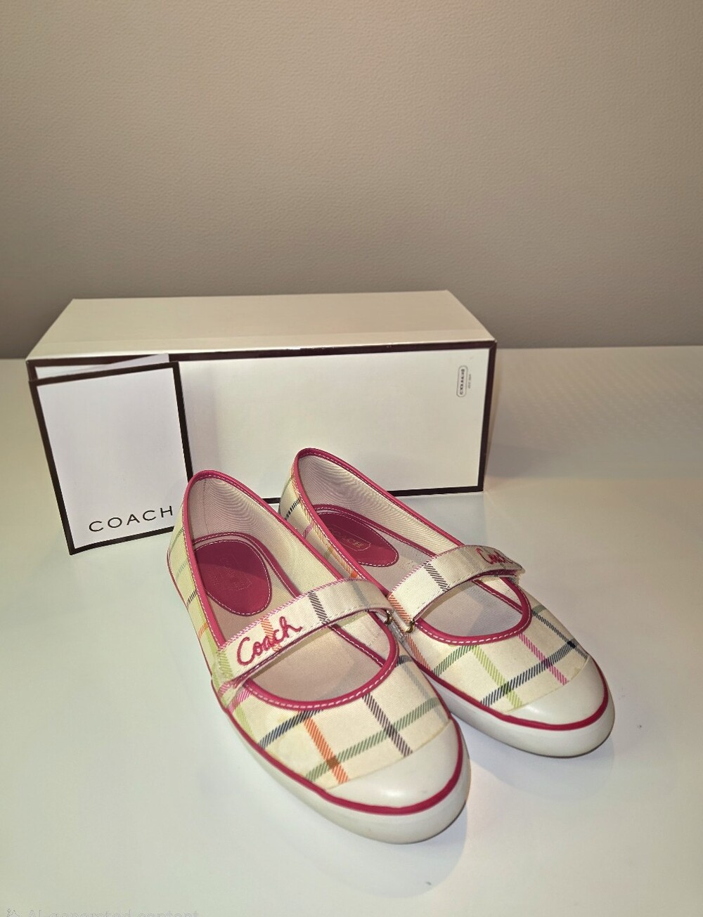 Coach Women's Cream Plaid Mary Janes with Pink Trim